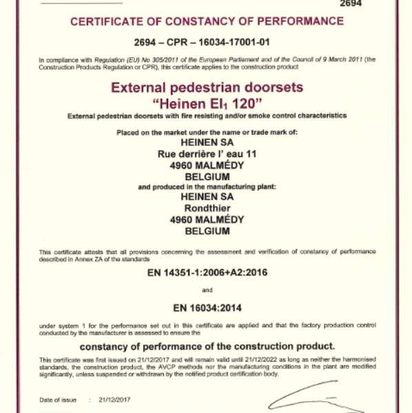 CEHE 011 | Certificat CE | Portes extérieures pour piétons - EI1-120
