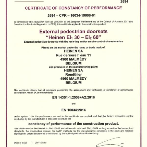 CEHE 011 | Certificat CE | Portes extérieures pour piétons - EI1-30 & EI2-60