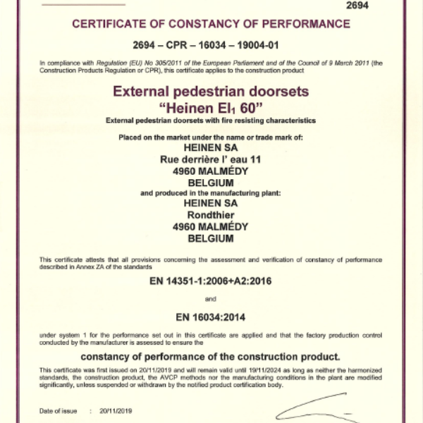 CEHE 011 | Certificat CE | Portes extérieures pour piétons - EI1-60