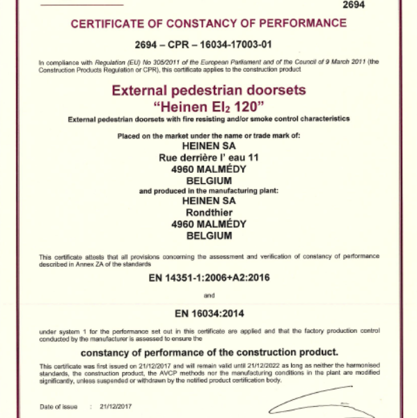 CEHE 011 | Certificat CE | Portes extérieures pour piétons - EI2-120