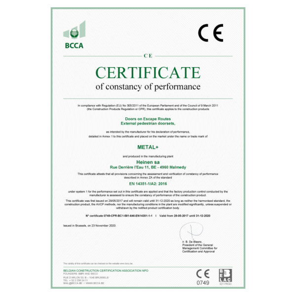 CEHE 012 | Certificat CE | Portes extérieures serrure panique 1 point conforme EN179 et EN1125