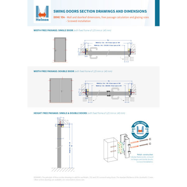 DOHE 104 - Swing doors section drawings and dimensions (Screwed door frame)